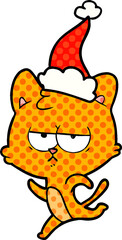 bored comic book style illustration of a cat wearing santa hat