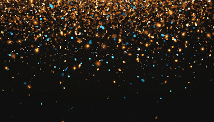 Glittering particles flying background, bokeh lights at night, blurry shiny speckles, orange blue white on black, wide banner size