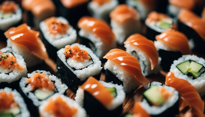Sushi. Sushi set on a platter. Japanese food. Top view. Selective focus. AI generated