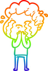 rainbow gradient line drawing cartoon man crying