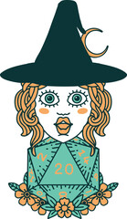 human witch with natural twenty dice roll illustration