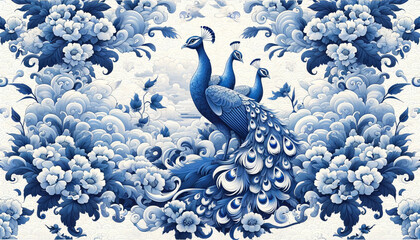 Backgrounds featuring a chinoiserie style blue and white fabric design with peacocks
