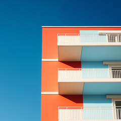 Colorful minimal building with blue sky, clear sky, nature light, Minimal building background.