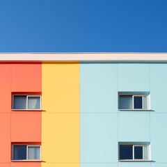 Colorful minimal building with blue sky, clear sky, nature light, Minimal building background.