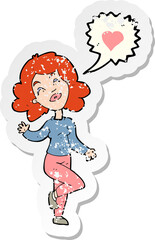retro distressed sticker of a cartoon woman in love