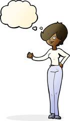 cartoon woman waving with thought bubble