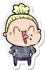 distressed sticker of a cartoon happy old woman