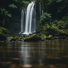 waterfall in the equatorial rain forest with soft light