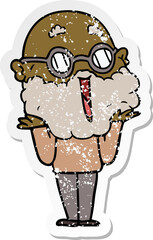 distressed sticker of a cartoon joyful man with beard shrugging