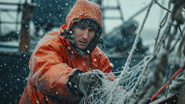 Commercial fisherman in a waterproof raincoat on a boat, pulls in his net with his catch, wind, freezing rain