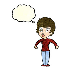 cartoon woman shrugging shoulders with thought bubble