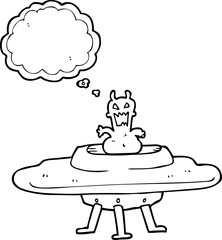 thought bubble cartoon alien in flying saucer