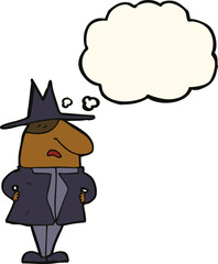 cartoon man in coat and hat with thought bubble