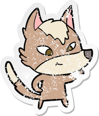 distressed sticker of a friendly cartoon wolf