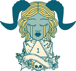 crying tiefling with natural one D20 dice roll illustration