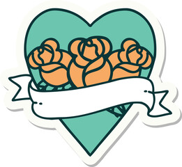 tattoo style sticker of a heart and banner with flowers