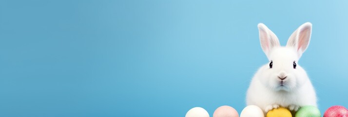 White Rabbit in Front of Colorful Eggs