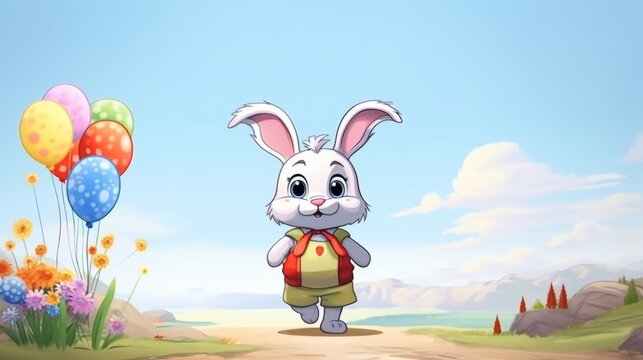 Cartoon Rabbit With Backpack and Balloons