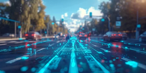 Fotobehang Revolutionary Transit: Autonomous Cars Navigate Through a Smart City with Advanced Connectivity, Generative AI © Ben