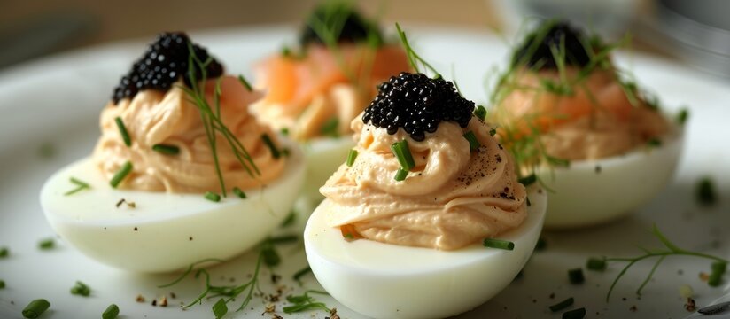 Eggs stuffed with tuna spread, smoked salmon, and black caviar atop.