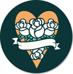 tattoo style sticker of a heart and banner with flowers