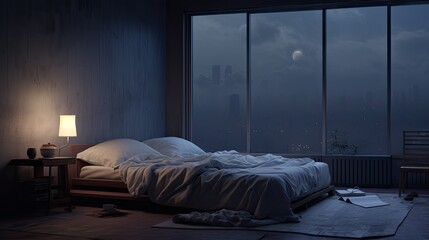Hotel room at night in the morning. AI generated art illustration.