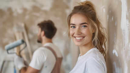 Fototapeta premium cheerful woman and man paint the wall in the room beige with rollers, husband and wife are making repairs in their new home