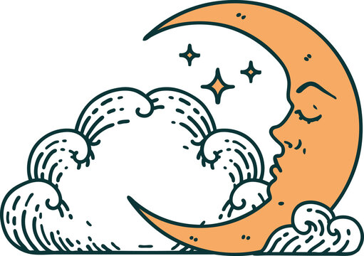 tattoo style icon of a crescent moon and clouds