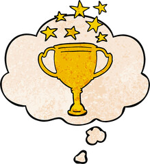 cartoon sports trophy and thought bubble in grunge texture pattern style