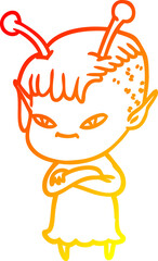 warm gradient line drawing cute cartoon alien girl