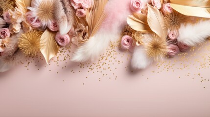 Pink and Gold Background With Feathers and Flowers