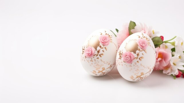 Two Decorated Eggs With Pink Flowers on White Background