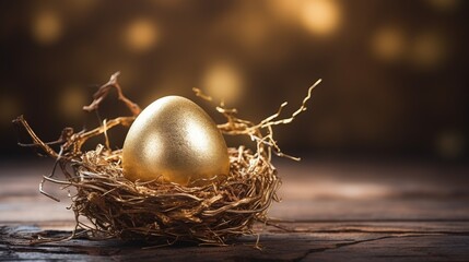 Golden Egg in Nest on Table - obrazy, fototapety, plakaty