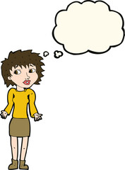 cartoon woman shrugging shoulders with thought bubble