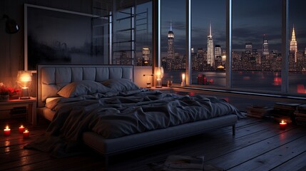 Naklejka premium Hotel room at night in the morning. AI generated art illustration.