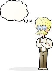 cartoon hipster man with mustache and spectacles with thought bubble