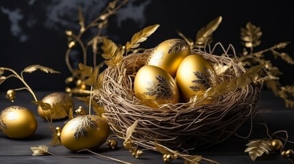 Gilded Nest Filled With Golden Eggs on Table