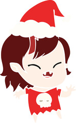 flat color illustration of a laughing vampire girl wearing santa hat