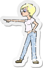 retro distressed sticker of a cartoon woman pointing