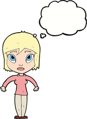 cartoon woman shrugging shoulders with thought bubble