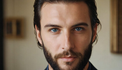 Obraz premium Young Elegant Brunette with Beard and Confident Smile - Headshot Portrait in Soft Light