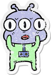 distressed sticker of a cartoon three eyed alien