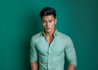 Asian businessman in a green shirt exudes confidence in a casual studio portrait