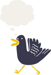 cartoon duck running and thought bubble in retro style
