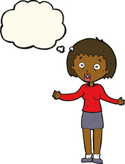 cartoon woman making excuses with thought bubble