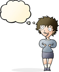cartoon excited woman with thought bubble