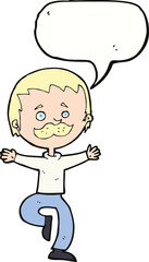 cartoon dancing man with mustache with speech bubble