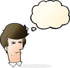 cartoon man narrowing eyes with thought bubble