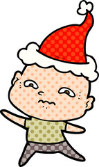 comic book style illustration of a nervous man wearing santa hat