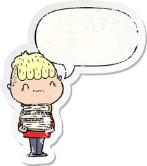 cartoon friendly boy and books and speech bubble distressed sticker